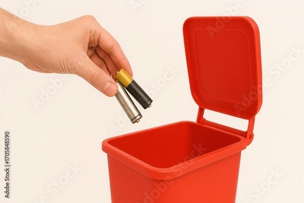 Fototapeta Proper Disposal of Batteries in Red Recycling Bin for Environmental Safety
