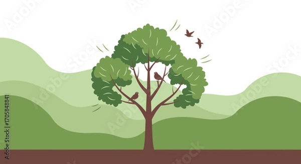 Fototapeta Beautiful Nature Illustration Depicting a Tree with Birds and a Serene Green Landscape
