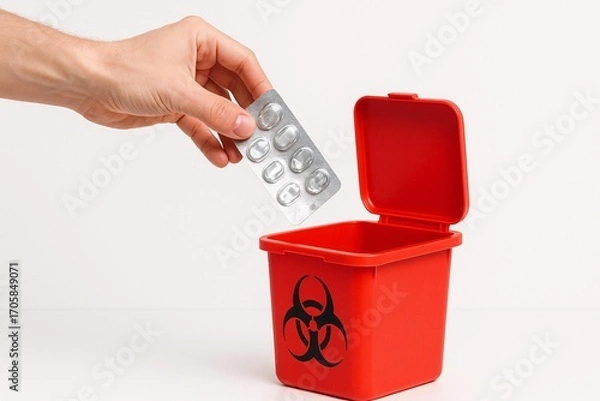 Fototapeta Proper Disposal of Medical Waste: Empty Blister Pack to Red Biohazard Bin