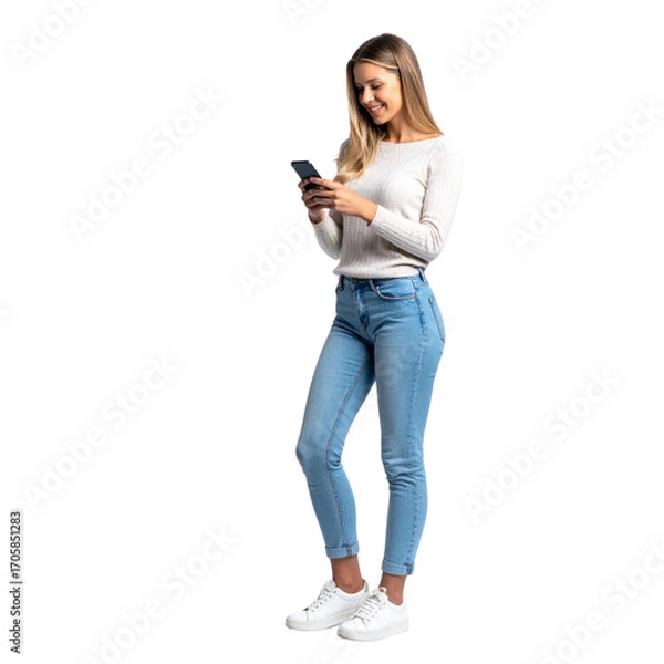 Fototapeta A beautiful young woman is smiling while holding and texting on a tablet and a cell phone