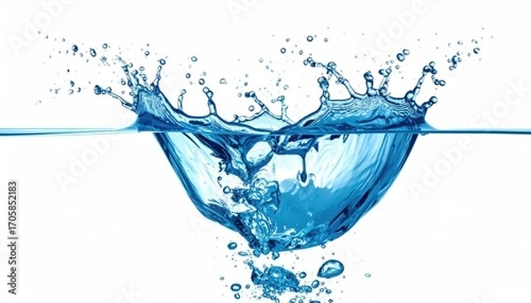 Fototapeta Dramatic Water Splash Explosion Against Clean White Background Isolated Liquid Movement Abstract Shape Clear Blue Water Droplets Impact Action Purity