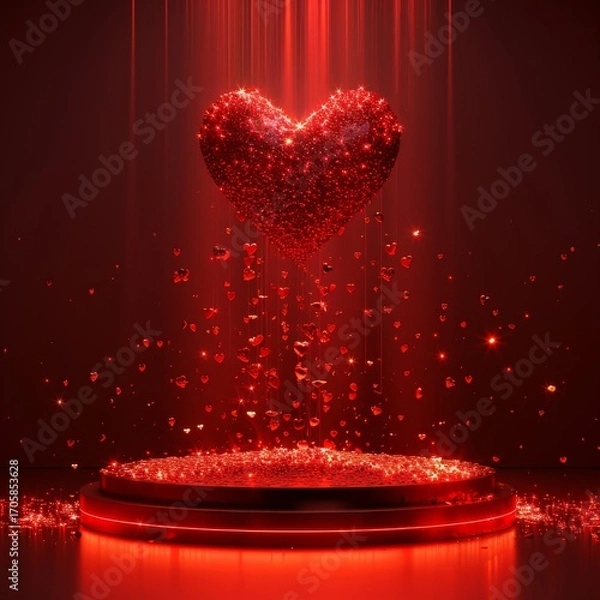 Fototapeta Happy Valentine’s Day scene with a stage and heart-shaped lights. Perfect for showing products, awards, or ads on a red background.