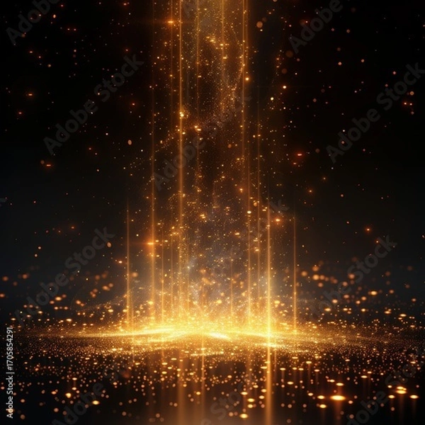 Fototapeta Abstract glowing vertical golden light lines on a dark background, accented with sparkles and a radiant effect. A luxurious design with copy space for text.

