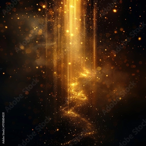 Fototapeta Abstract glowing vertical golden light lines on a dark background, accented with sparkles and a radiant effect. A luxurious design with copy space for text.
