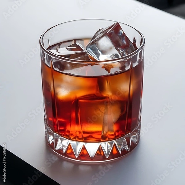 Obraz A refreshing amber cocktail with ice cubes in a faceted glass on a light surface
