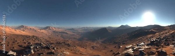 Obraz Panorama of a desolate, rocky, reddish landscape under a clear, blue sky with the sun shining brightly