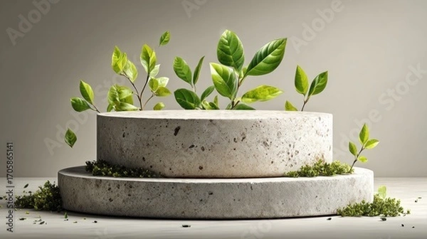 Fototapeta Minimalist podium with green leaves representing growth and eco-friendly concepts