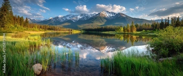 Fototapeta Scenic mountain reflection in lake, framed by a lush forest, under a blue sky dotted with white clouds. Beautiful nature panorama