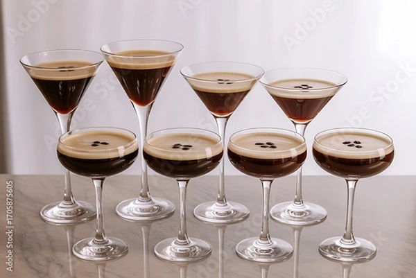 Obraz A group of espresso martinis garnished with coffee beans on a reflective surface