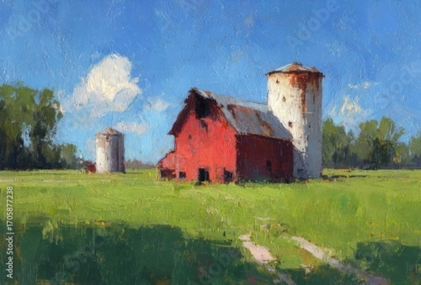 Fototapeta Rural scene featuring a red barn with a silo and a weathered roof, set against a bright blue sky and green fields