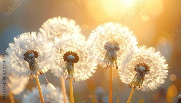 Obraz Dandelions Seed Heads Glowing in Warm Golden Sunlight and Soft Focus Background