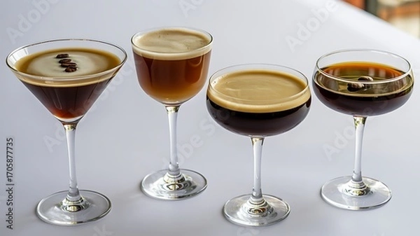Obraz Four glasses of espresso and coffee drinks with foam on a light surface