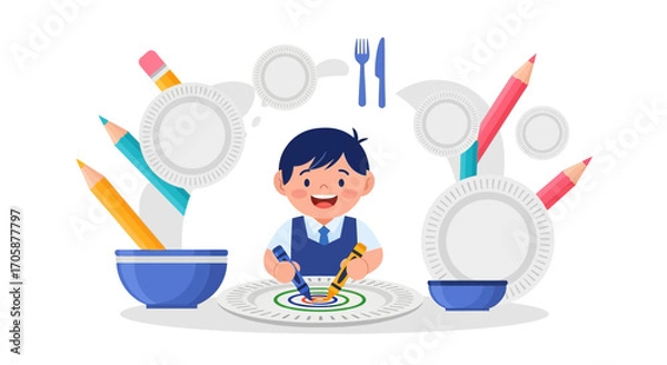 Obraz Creative Kid Using Colored Pencils and Paper Plates to Design Artwork and Express Imagination