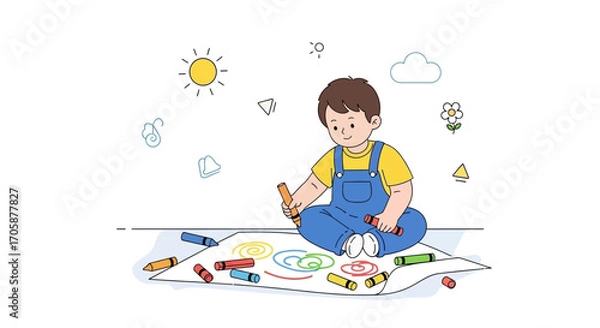 Obraz Creative Kid Illustrating Colorful Art With Crayons On Paper And Having Fun All Day