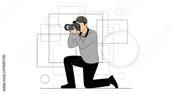 Obraz Creative Photographer Capturing Moment on Knees with Camera and Geometric Background