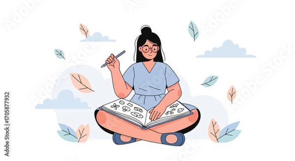 Obraz Creative Process: Artist Sketching Designs in Notebook, Surrounded by Nature Elements