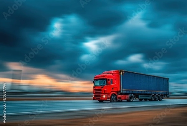 Fototapeta Red truck speeds on asphalt road beneath stormy sky, blurring background, conveying urgent transportation, dynamic motion, and logistics