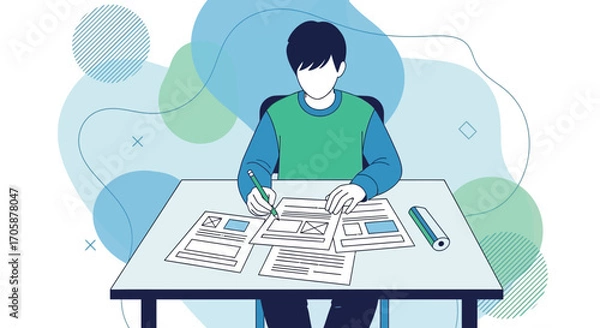 Obraz Creative Process Illustrated: Person Working on Documents with Modern Blue Design
