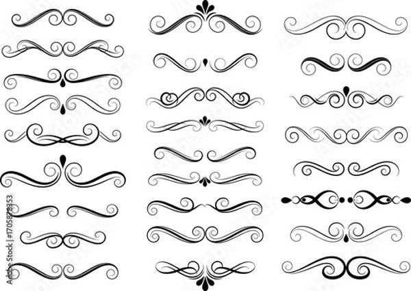 Fototapeta Set of calligraphic flourish dividers. Vector collection of vintage scroll and swirl page ornaments