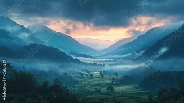 Fototapeta Serene mountain landscape with lush green valleys and misty fog at sunrise, showcasing towering peaks, vibrant colors, and peaceful natural scenery in a breathtaking outdoor setting