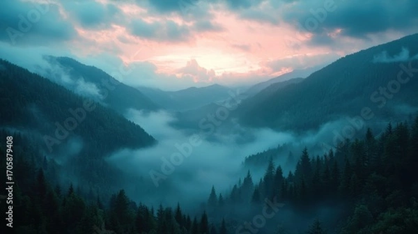 Fototapeta Majestic mountain landscape with dense pine forests shrouded in mist during sunrise, capturing the serene and mysterious atmosphere of a foggy mountain valley