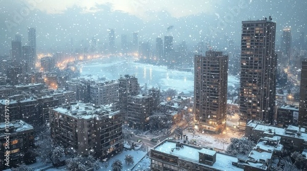 Fototapeta Urban cityscape during heavy snowfall with high-rise buildings and frozen river, illuminated windows and streetlights creating a winter wonderland atmosphere in a modern metropolis