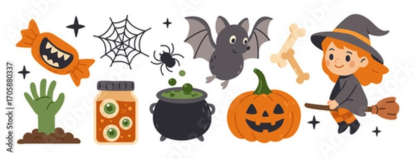 Fototapeta Halloween set of canned eyeballs, bat, magic potion, witch, candy with teeth, zombie hand, pumpkin, spider, spider web. For children’s products, party invitations, scrapbooking, prints, merchandise