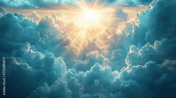 Fototapeta Bright sun shining through a sky filled with large, fluffy cumulus clouds during daytime with sun rays radiating outward, creating a vibrant and uplifting atmosphere