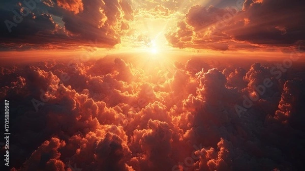Fototapeta Majestic sunrise illuminating vibrant orange and red clouds with golden sunlight breaking through, creating a breathtaking sky scene filled with warmth and natural beauty