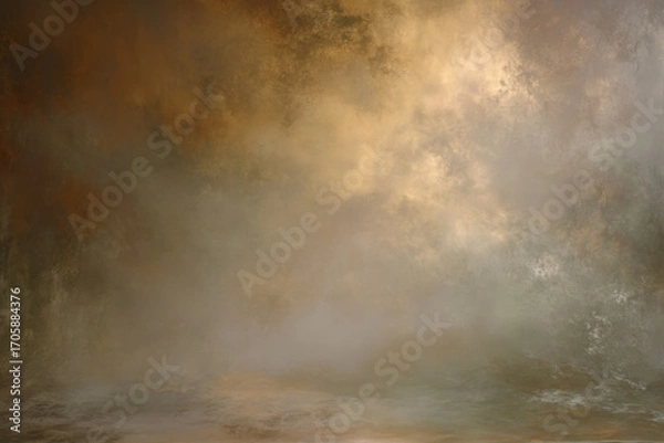 Fototapeta Brown studio painted backdrop. Muted golden and olive tones. Canvas background on the wall and on the floor with a soft transition.