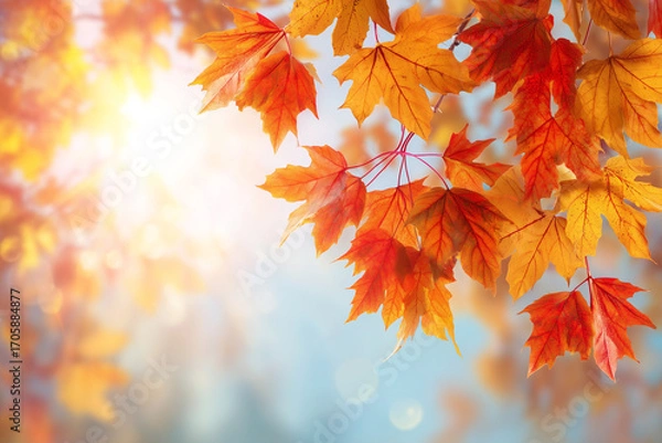 Fototapeta Vibrant autumn leaves transition from green to gold against a bokeh sky, capturing seasonal beauty and gentle changes of nature.