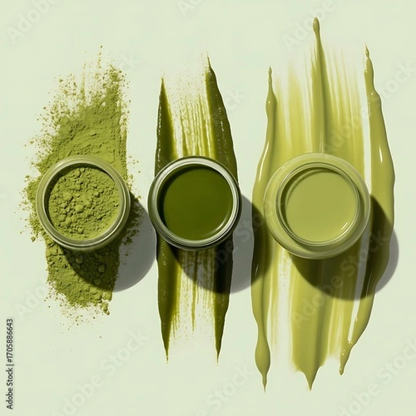 Obraz Green matcha powder and paste in small jars with brush strokes