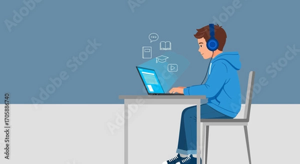 Fototapeta Young Student Engaged In Online Learning, Utilizing Modern Technology For Education Purposes