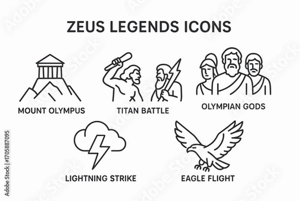 Fototapeta Zeus Legends Icons – Mythological Vector Set of Greek Gods, Lightning, Thunder & Ancient Myth Symbols