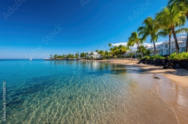 Fototapeta Tranquil turquoise water gently kisses the golden sand beach with palm trees lining the white coastal buildings under a bright blue sky