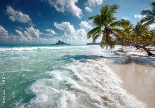 Fototapeta Tropical paradise with azure water gently caressing a white sand beach shaded by leaning palm trees beneath a partly cloudy blue sky