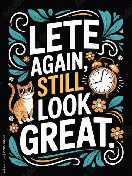 Fototapeta A whimsical illustration featuring a cat and alarm clock with the empowering phrase lete again still look great