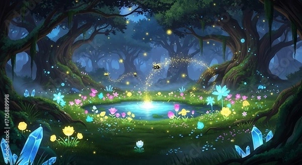 Fototapeta Fantasy Forest Pond with Glowing Elements