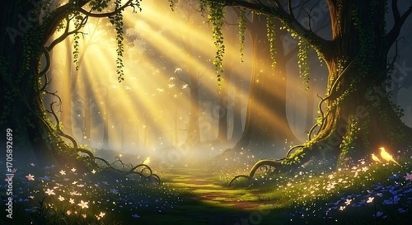 Obraz Forest Path with Sunlight, Trees and Flowers