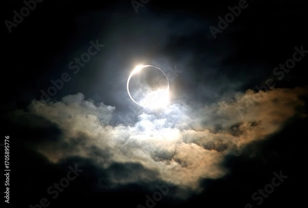 Obraz Solar eclipse shines with 'diamond ring' effect seen through atmospheric clouds, illuminating the ethereal sky