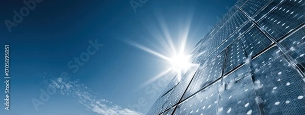 Fototapeta Solar panels gleam under a brilliant sun against a clear blue sky with scattered clouds, emphasizing renewable energy generation