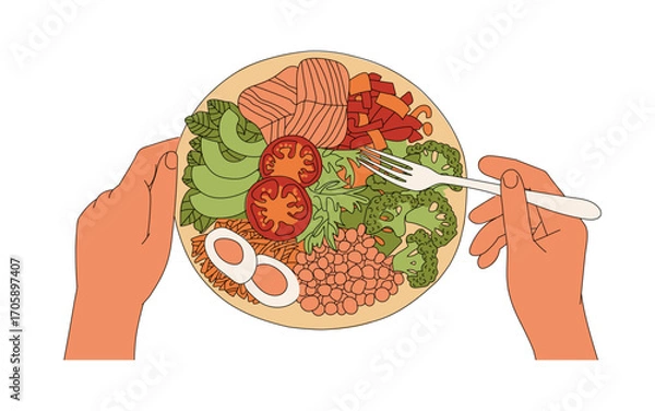 Fototapeta Top view of a plate with food and hands holding a fork. Dish with salmon, greens, vegetables, tomatoes, eggs, avocado, broccoli. plate with salad. Vector illustration isolated on white. Flat style.