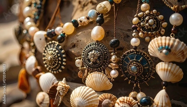 Obraz Detailed Macro Shot of Seashell Bead Necklaces with Golden Accents and Intricate Designs Displayed on Rustic Wooden Surface