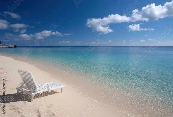Obraz A lone white lounge chair sits on a sandy beach beside tranquil, clear turquoise ocean waters beneath a sunny blue sky dotted with white clouds
