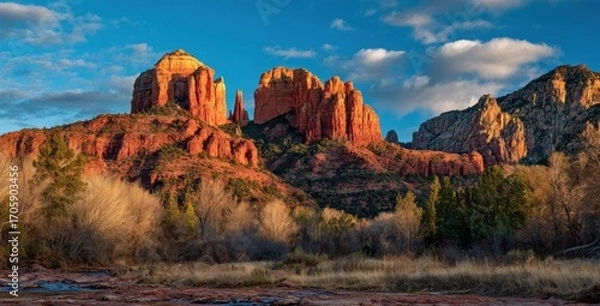 Fototapeta Southwestern vista of red rock formations under a bright blue, partly cloudy sky with barren trees & grasses in a desert wash foreground