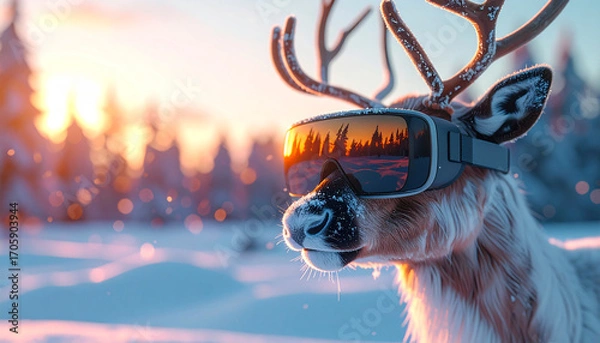 Fototapeta Reindeer in VR: A surreal composition places a reindeer in a winter wonderland, sporting virtual reality glasses. This artistic image blends nature with the futuristic theme