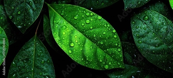 Fototapeta Lush green leaves with glistening water droplets, displaying nature's fresh texture and dark shadowy backdrop. Perfect for serene backgrounds