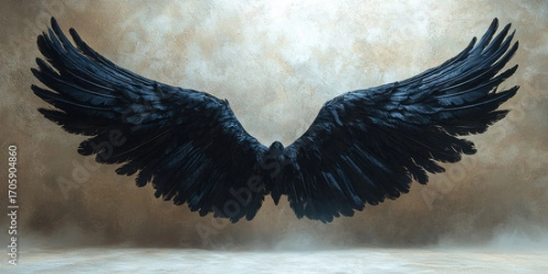 Fototapeta Black angel or bird wings with feathers spread open. Centered on light brown background.
