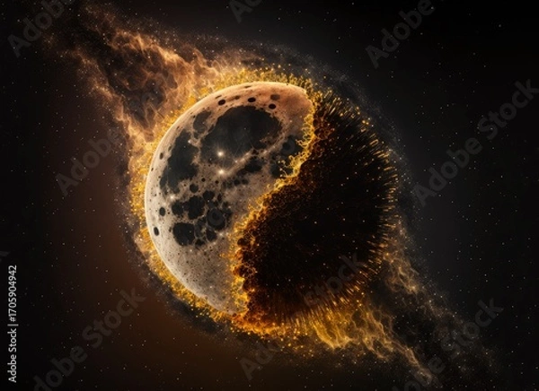 Fototapeta A moon or celestial body engulfed in fiery cosmic flames, spewing sparks and light into the dark expanse of space. 