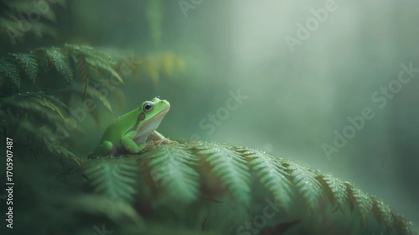 Fototapeta Green frog sitting on fern leaf. Defocused photo, bokeh background.